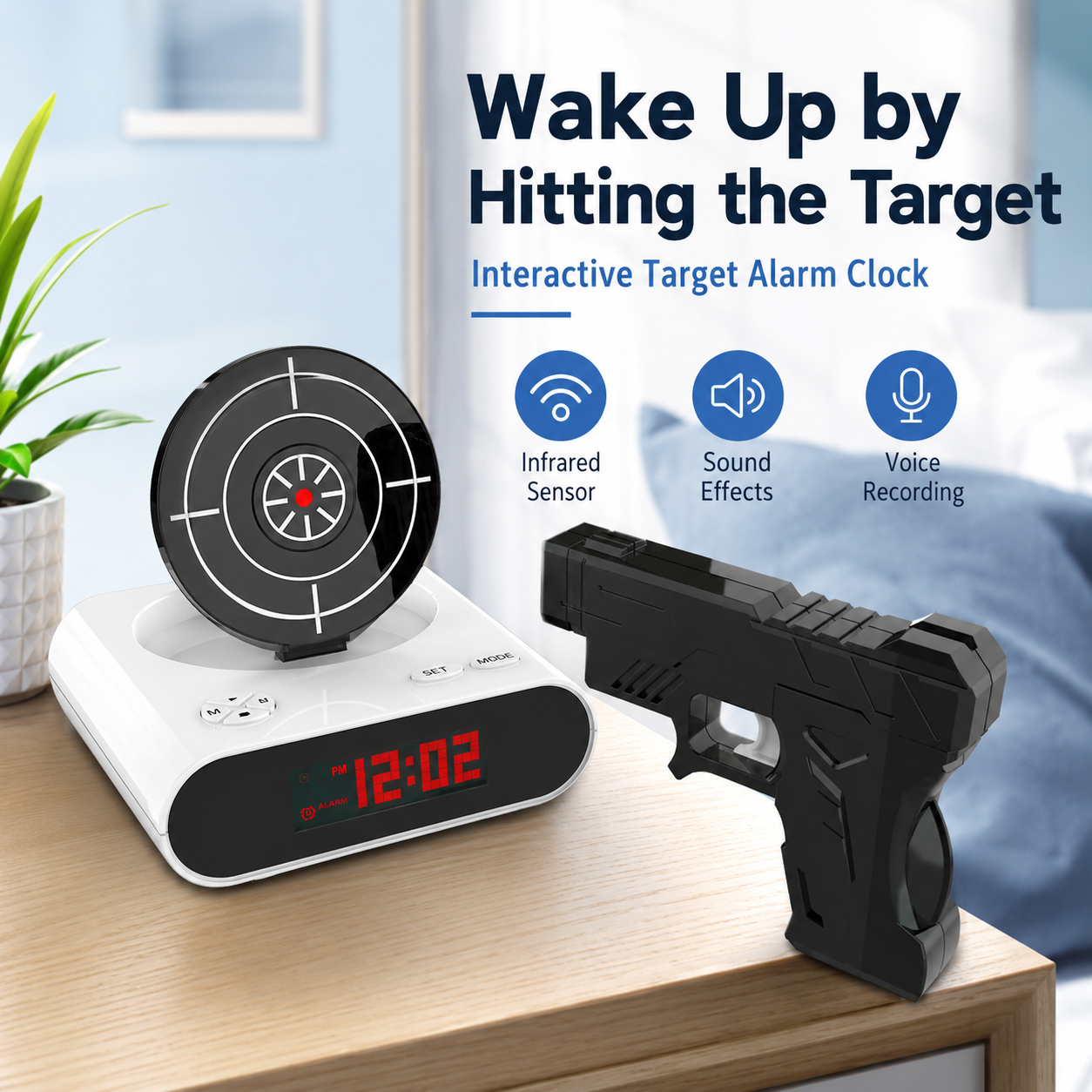 Interactive Target Alarm Clock – Fun Wake-Up Challenge with Toy Blaster & Voice Recording