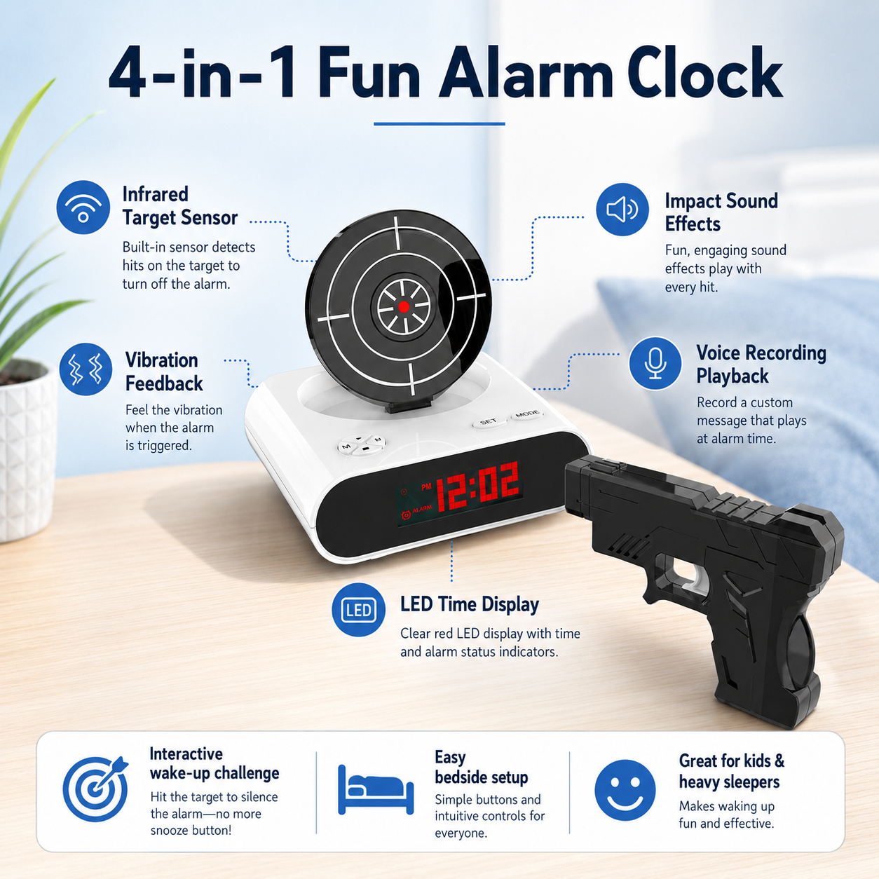 Interactive Target Alarm Clock – Fun Wake-Up Challenge with Toy Blaster & Voice Recording