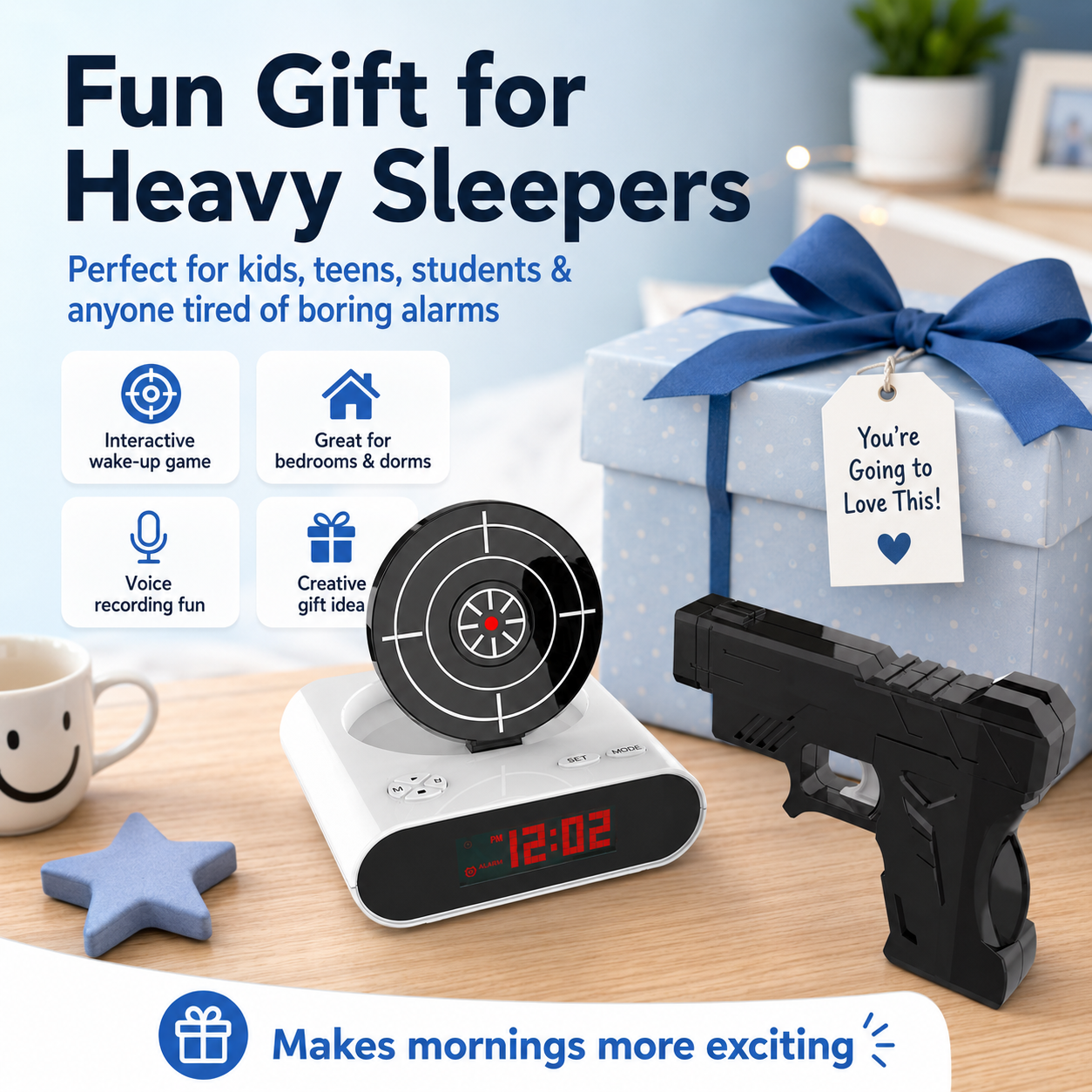 Interactive Target Alarm Clock – Fun Wake-Up Challenge with Toy Blaster & Voice Recording