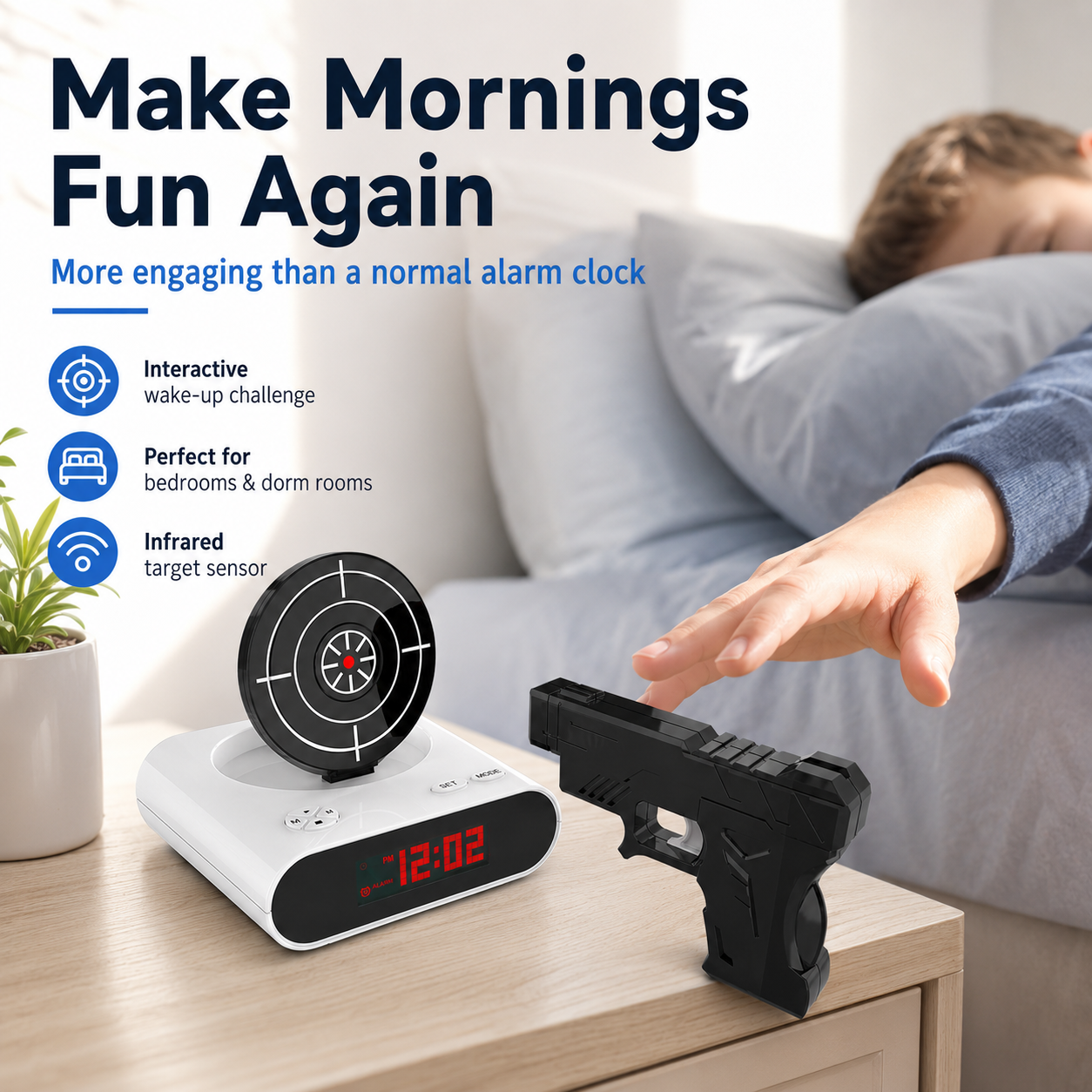 Interactive Target Alarm Clock – Fun Wake-Up Challenge with Toy Blaster & Voice Recording