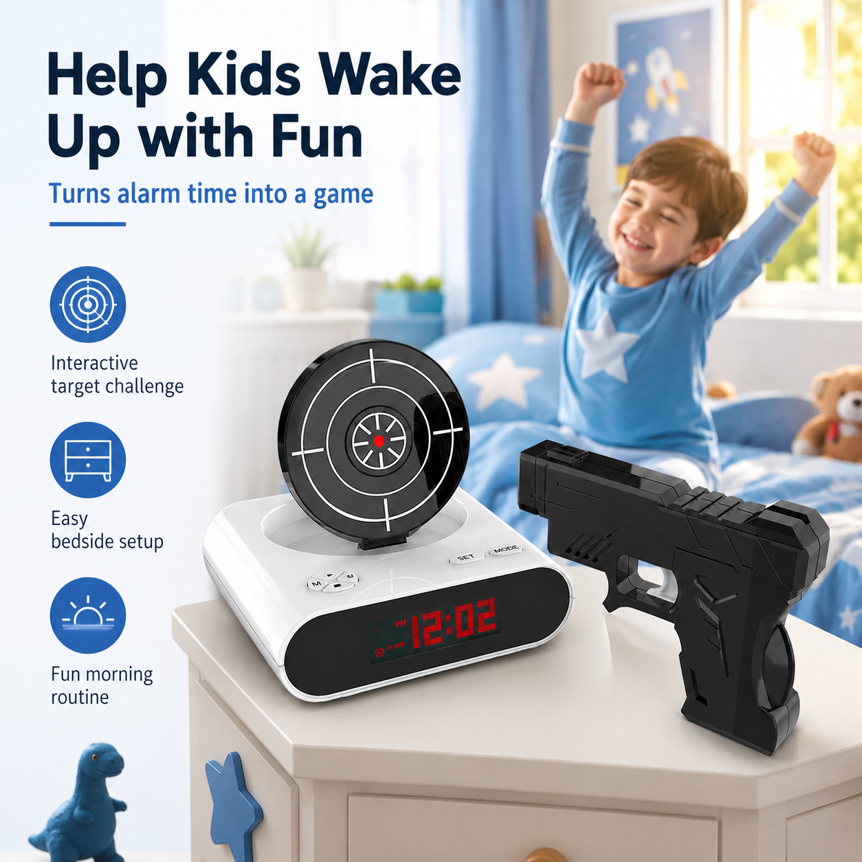 Interactive Target Alarm Clock – Fun Wake-Up Challenge with Toy Blaster & Voice Recording