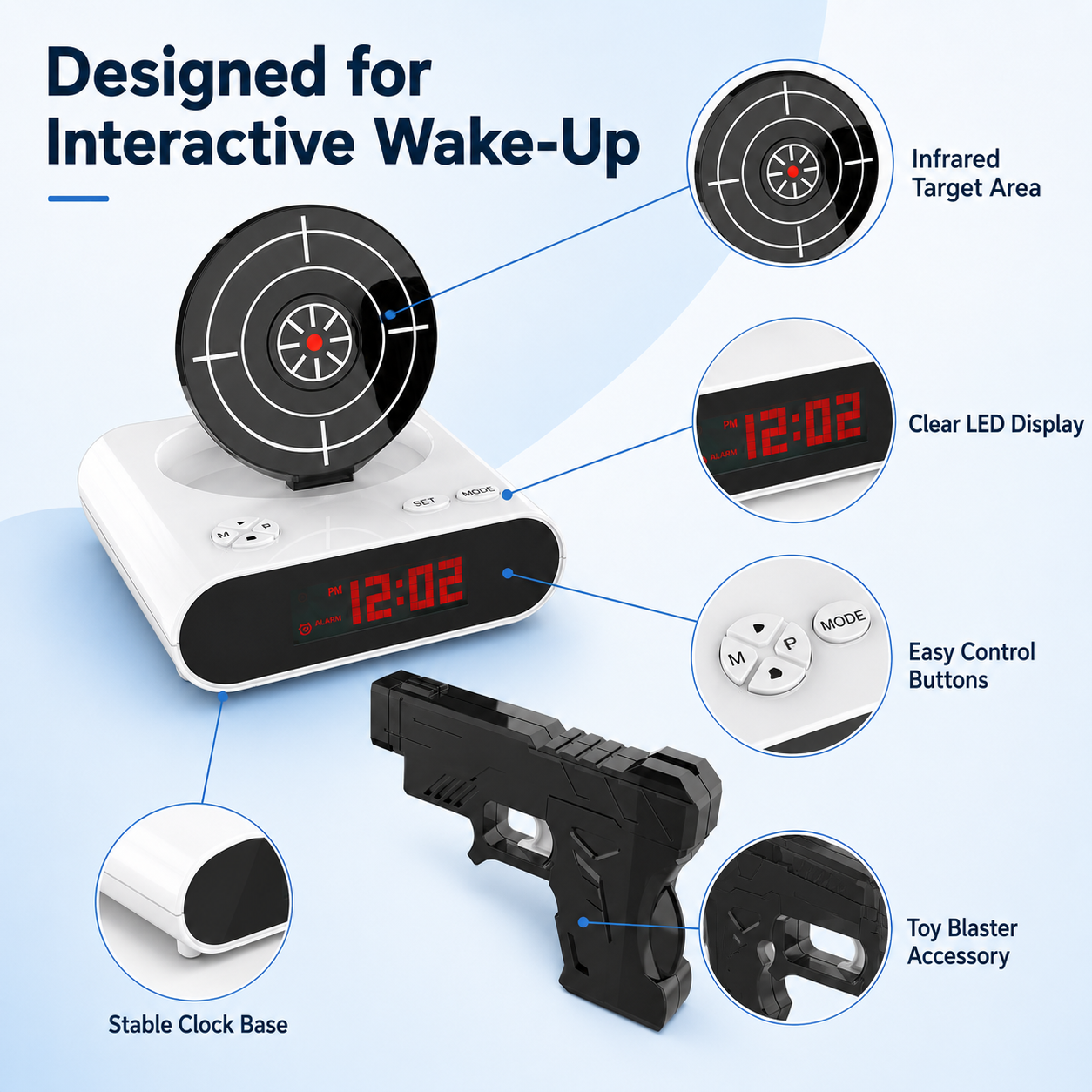 Interactive Target Alarm Clock – Fun Wake-Up Challenge with Toy Blaster & Voice Recording