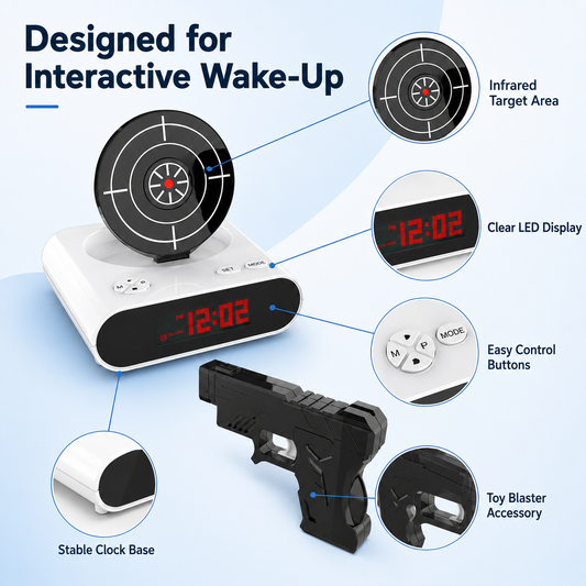 Interactive Target Alarm Clock – Fun Wake-Up Challenge with Toy Blaster & Voice Recording