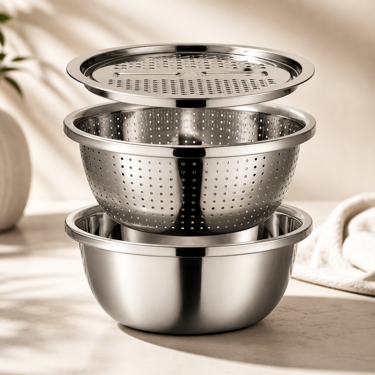 3-in-1 Stainless Steel Grater & Slicer Bowl Set – Grate, Drain & Serve in One