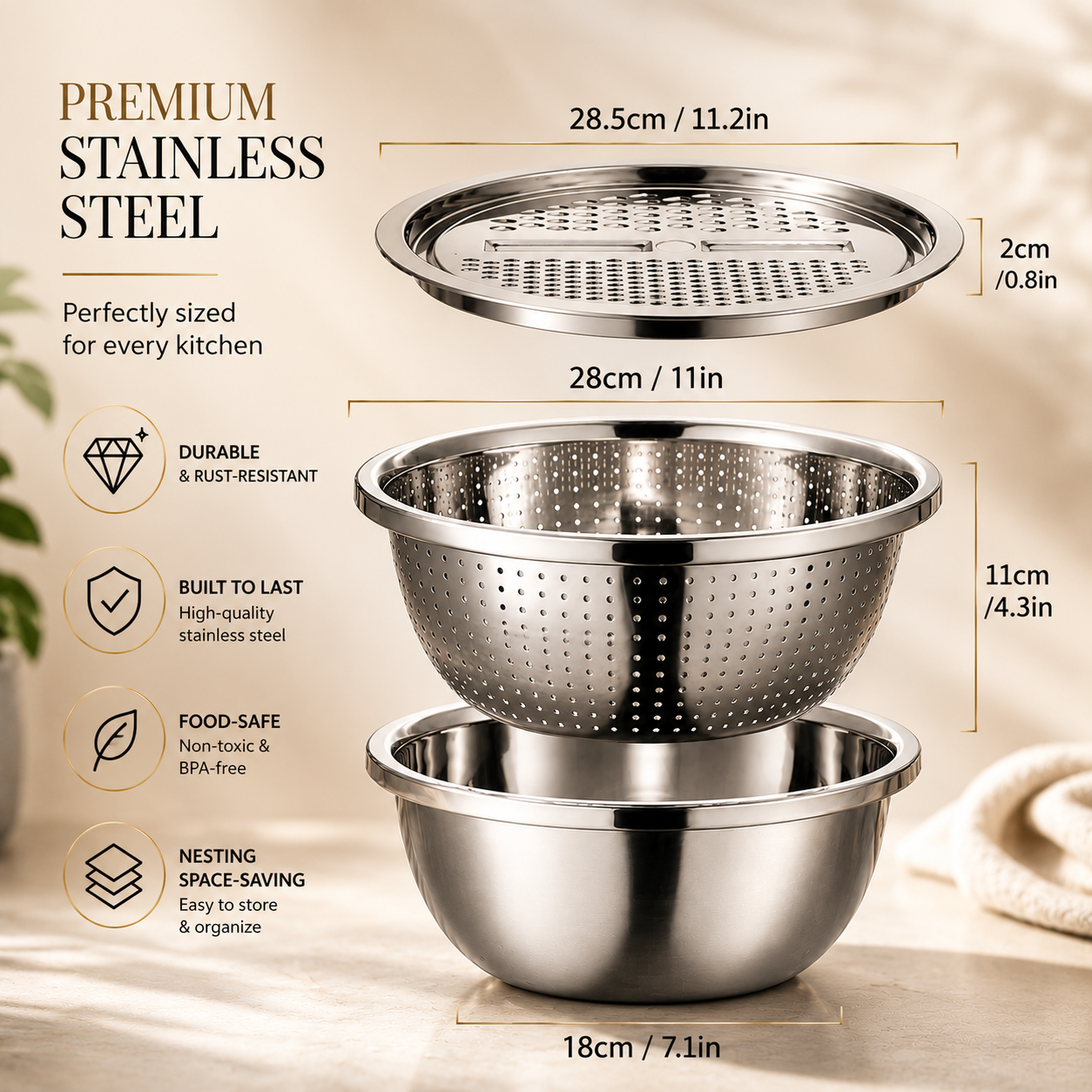 3-in-1 Stainless Steel Grater & Slicer Bowl Set – Grate, Drain & Serve in One