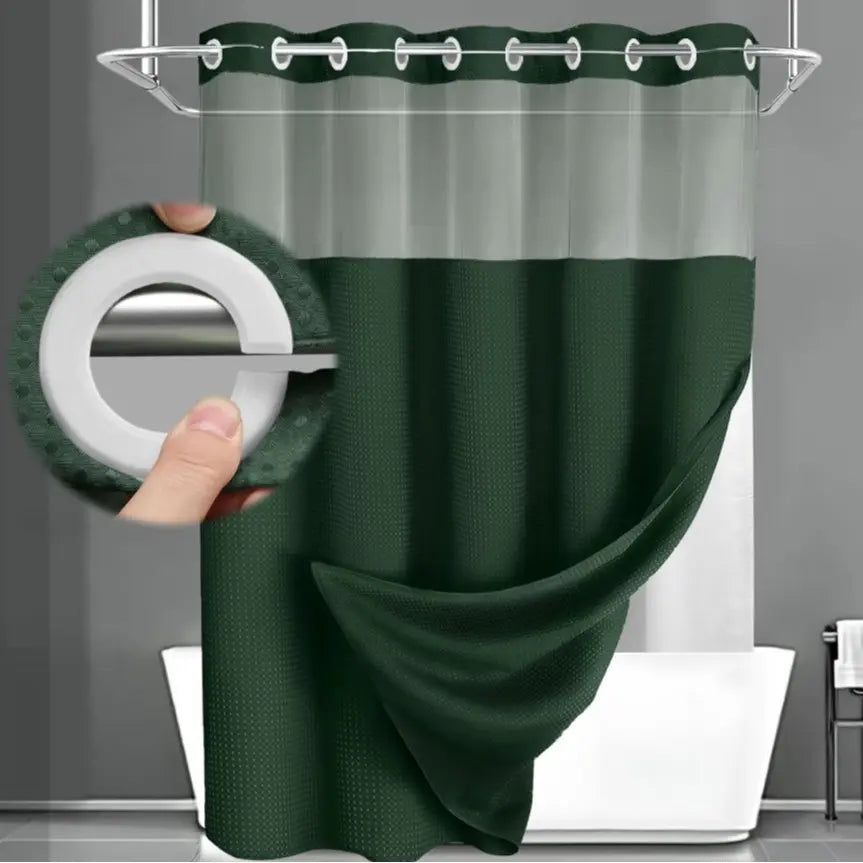 No Hook Shower Curtain with Snap-In Liner – Double Layer Waterproof Fabric Curtain, Washable Hotel Style Bath Curtain