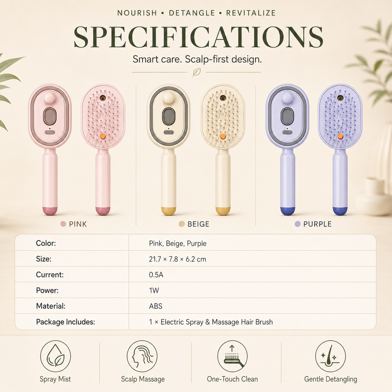 Electric Spray & Massage Hair Brush – Nourishing Mist Detangling Brush with One-Touch Cleaning