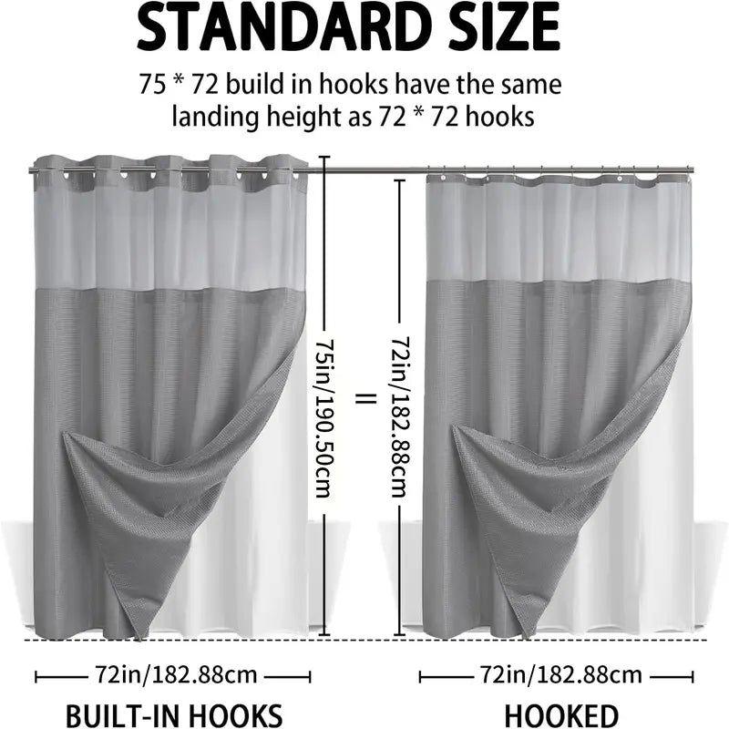 No Hook Shower Curtain with Snap-In Liner – Double Layer Waterproof Fabric Curtain, Washable Hotel Style Bath Curtain