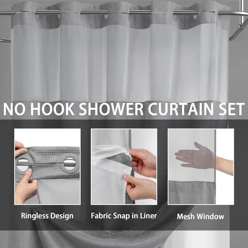 No Hook Shower Curtain with Snap-In Liner – Double Layer Waterproof Fabric Curtain, Washable Hotel Style Bath Curtain